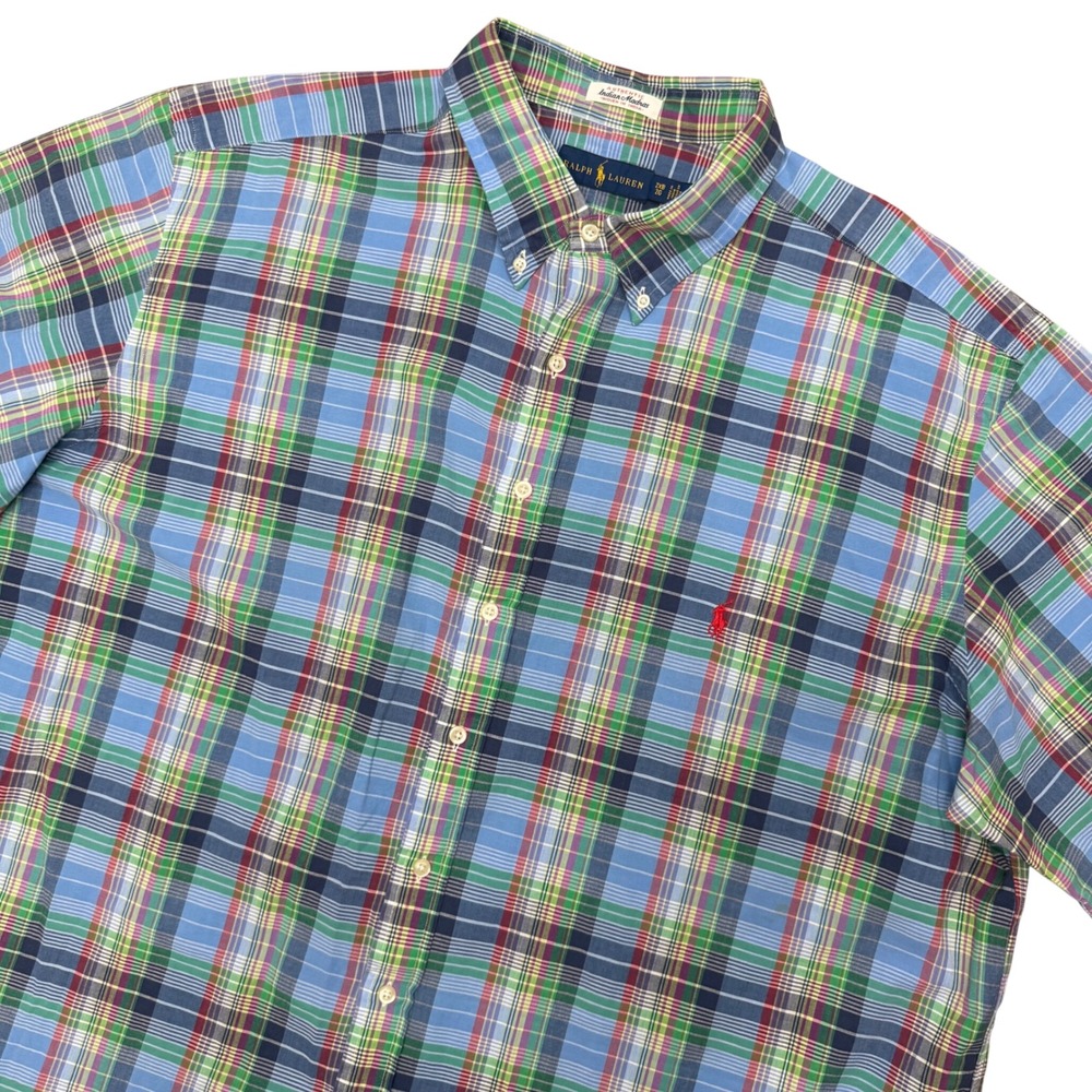 Ralph Lauren Madras Shirt Mens 2XB Blue Green Plaid Short Sleeve Button Down